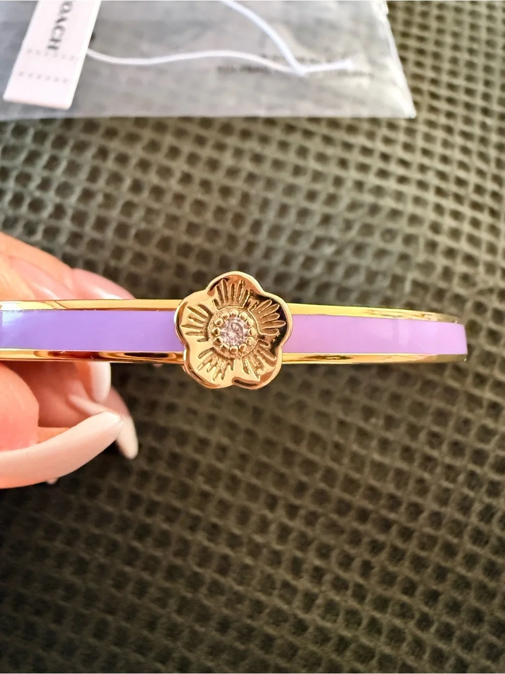 COACH Nia Floral Bracelet Gold-Tone Bangle with Lavender Enamel Flower Accent